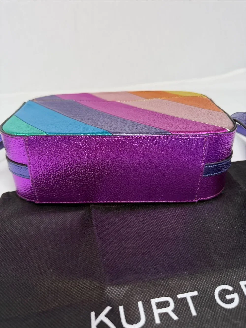 Kurt Geiger Rainbow Diagonal Stripe Leather Crossbody with Purple Strap